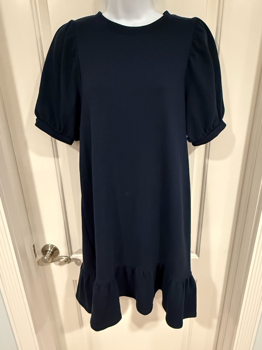Banana Republic Navy Puff Sleeve Midi Dress with Ruffle Hem